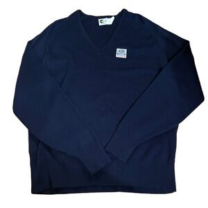 Vintage Ford New Holland Tractor Navy Blue V-Neck Sweater XL Agricultural Patch
